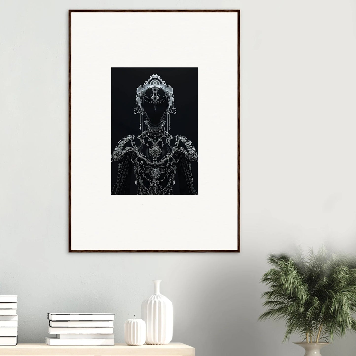 Framed black and white abstract insect-like figure, perfect for skein emsembler room decor