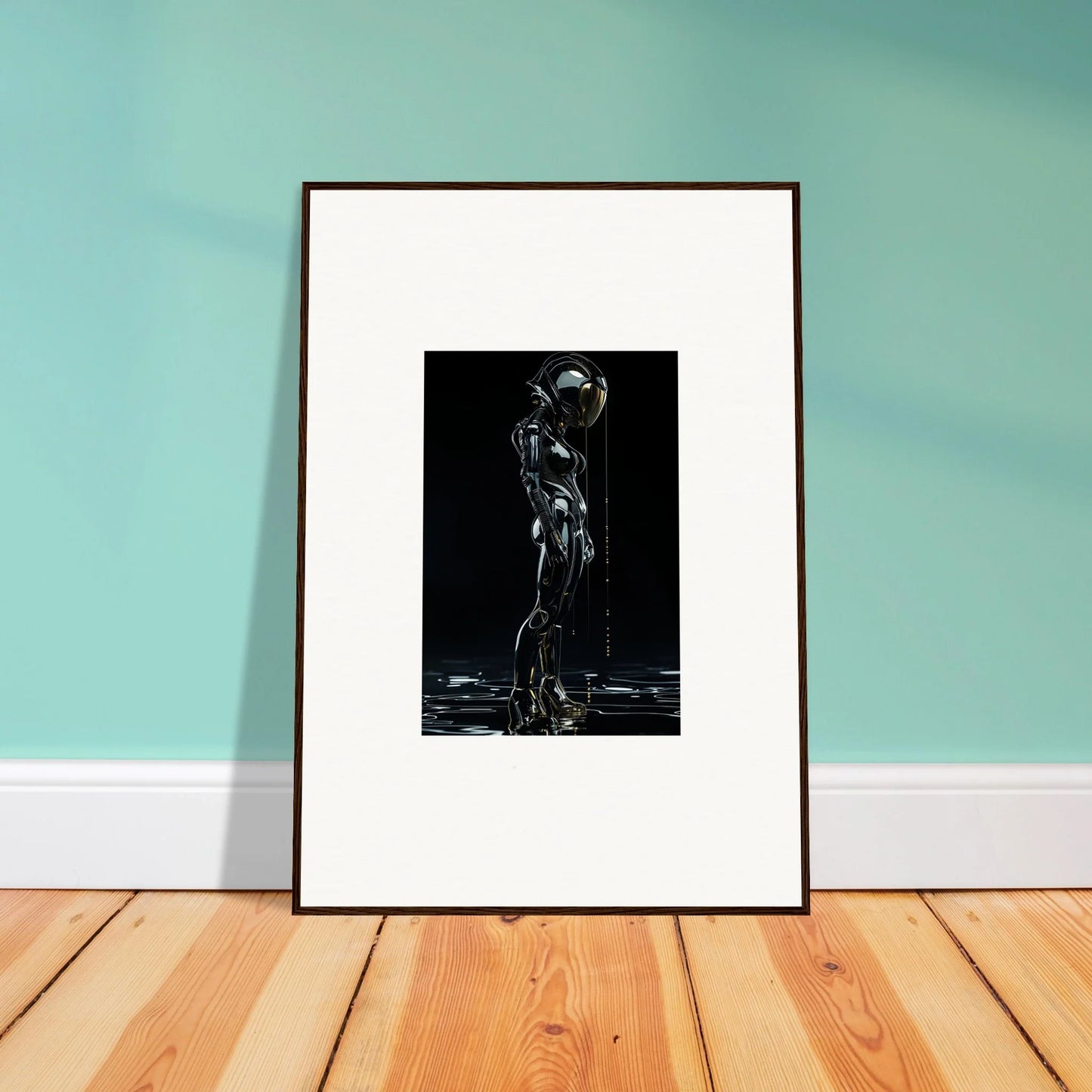 Framed black and white wall art of a stylized human figure, perfect for room decor