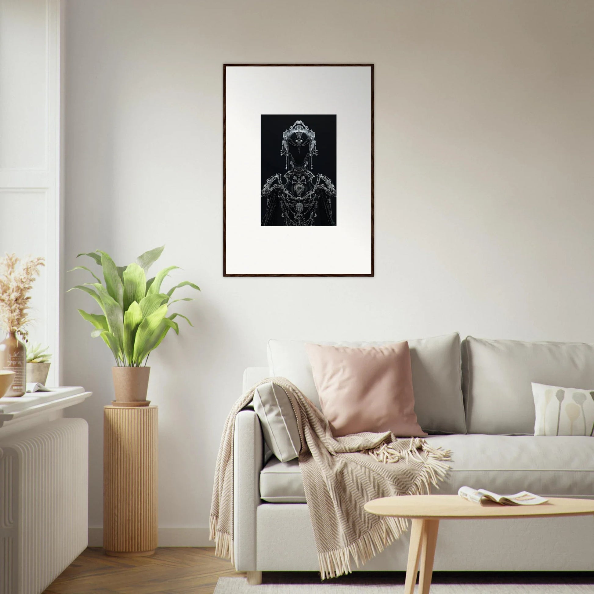 Framed black and white wall art featuring intricate skeletal design for room decor