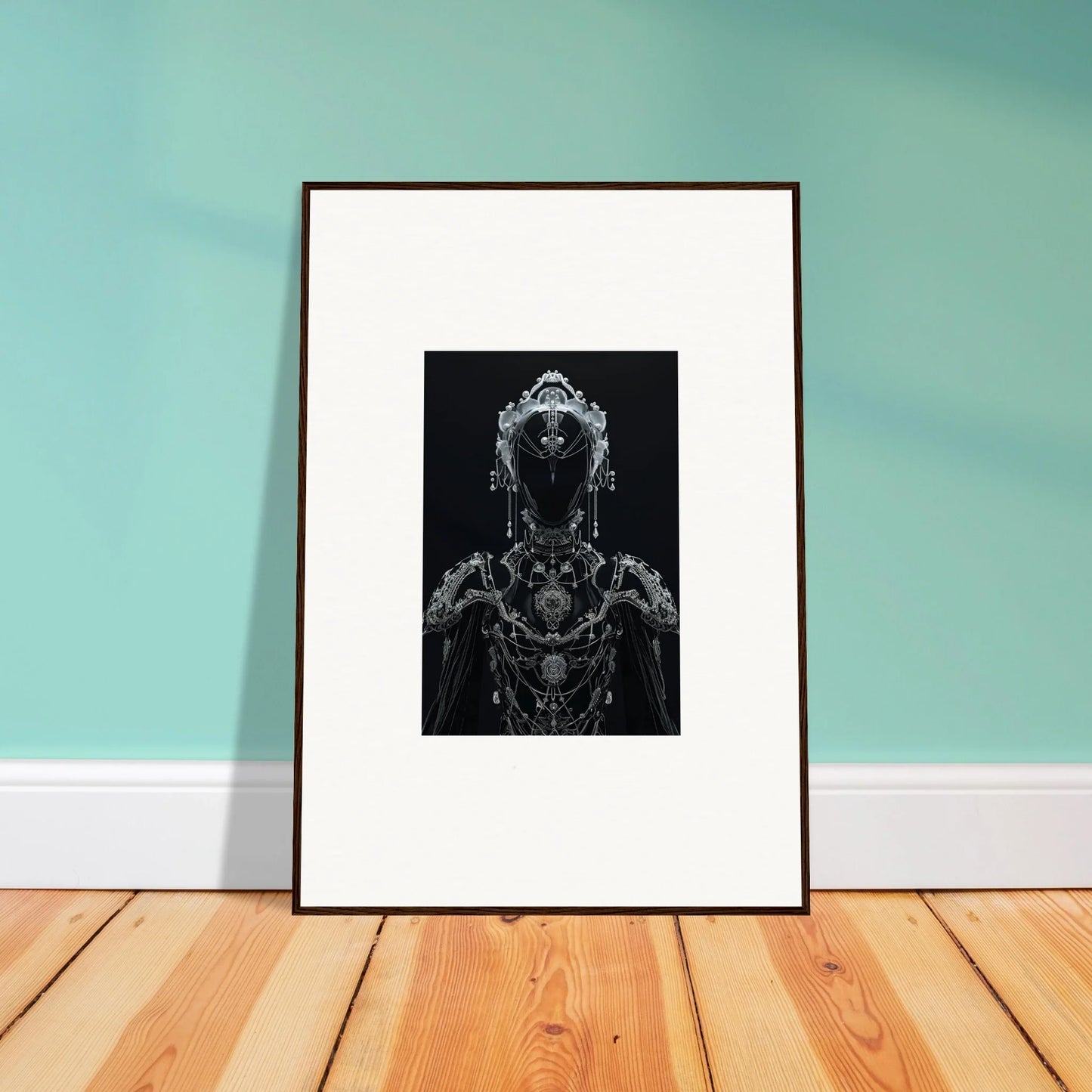 Framed black and white artwork of an abstract figure for room decor and Skein Emsembler