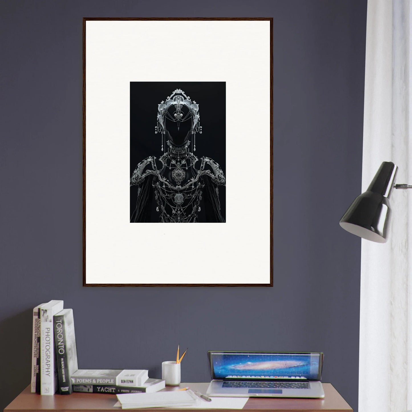 Framed black and white artwork for room decor featuring intricate Skein Emsembler design