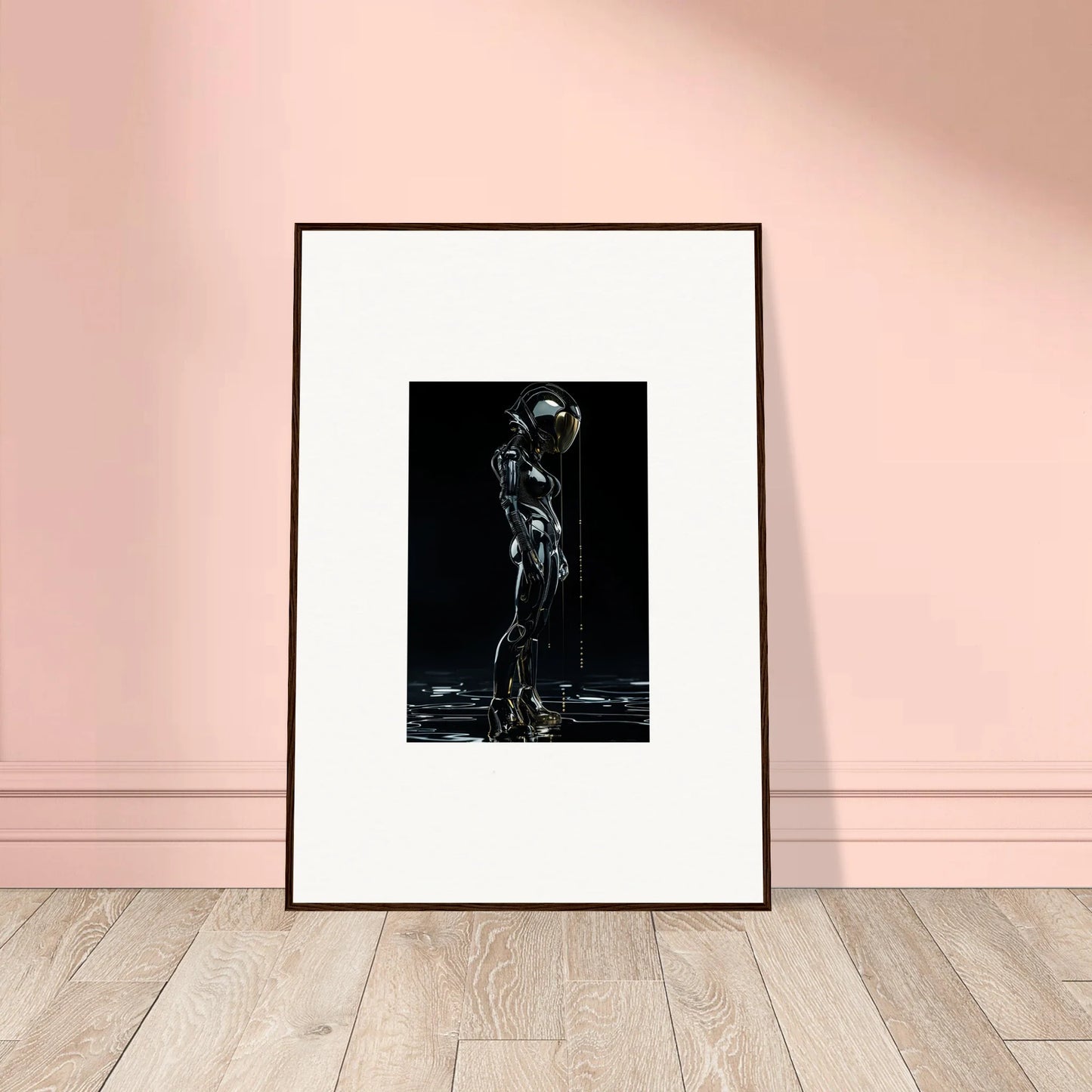 Framed black and white wall art of a liquid-like humanoid figure for modern room decor