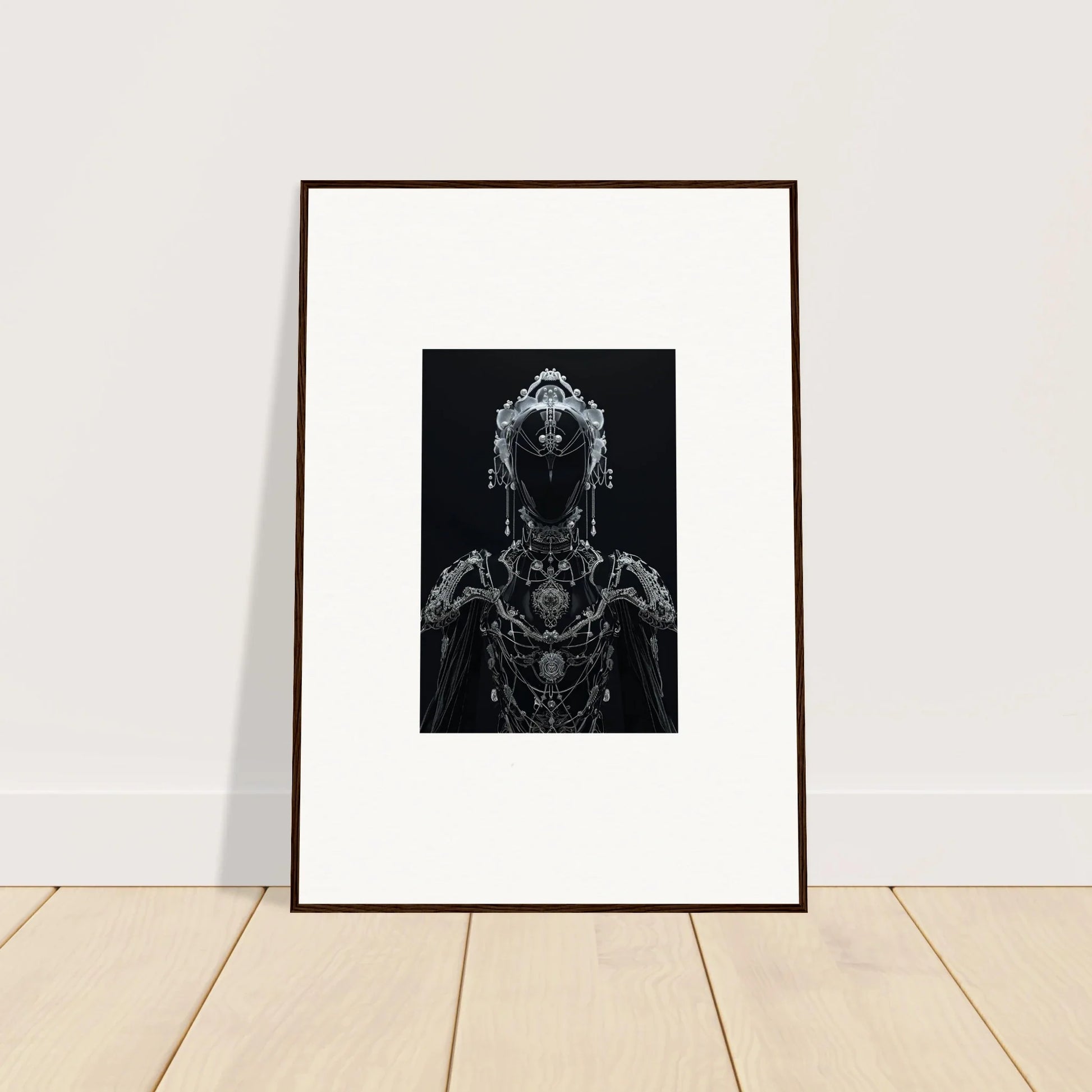 Framed black and white abstract artwork of a robotic figure for unique room decor