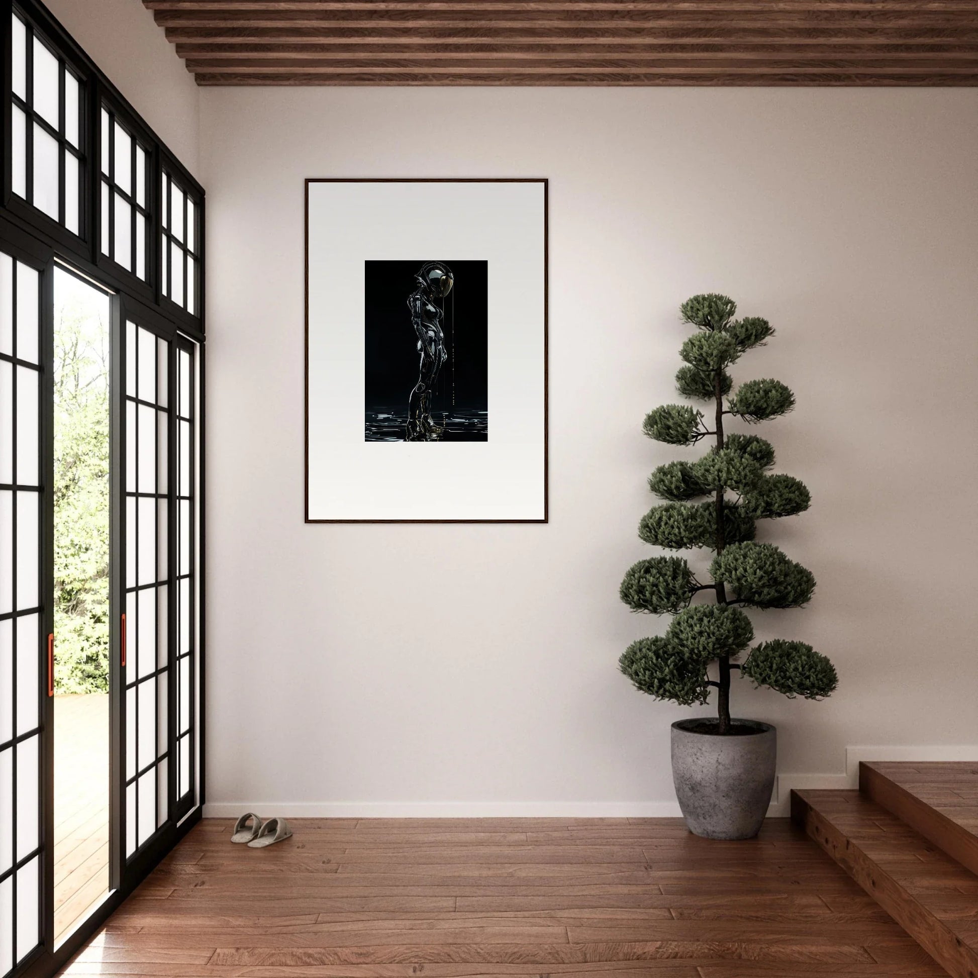 Framed black and white artwork of a standing figure, perfect for modern room decor