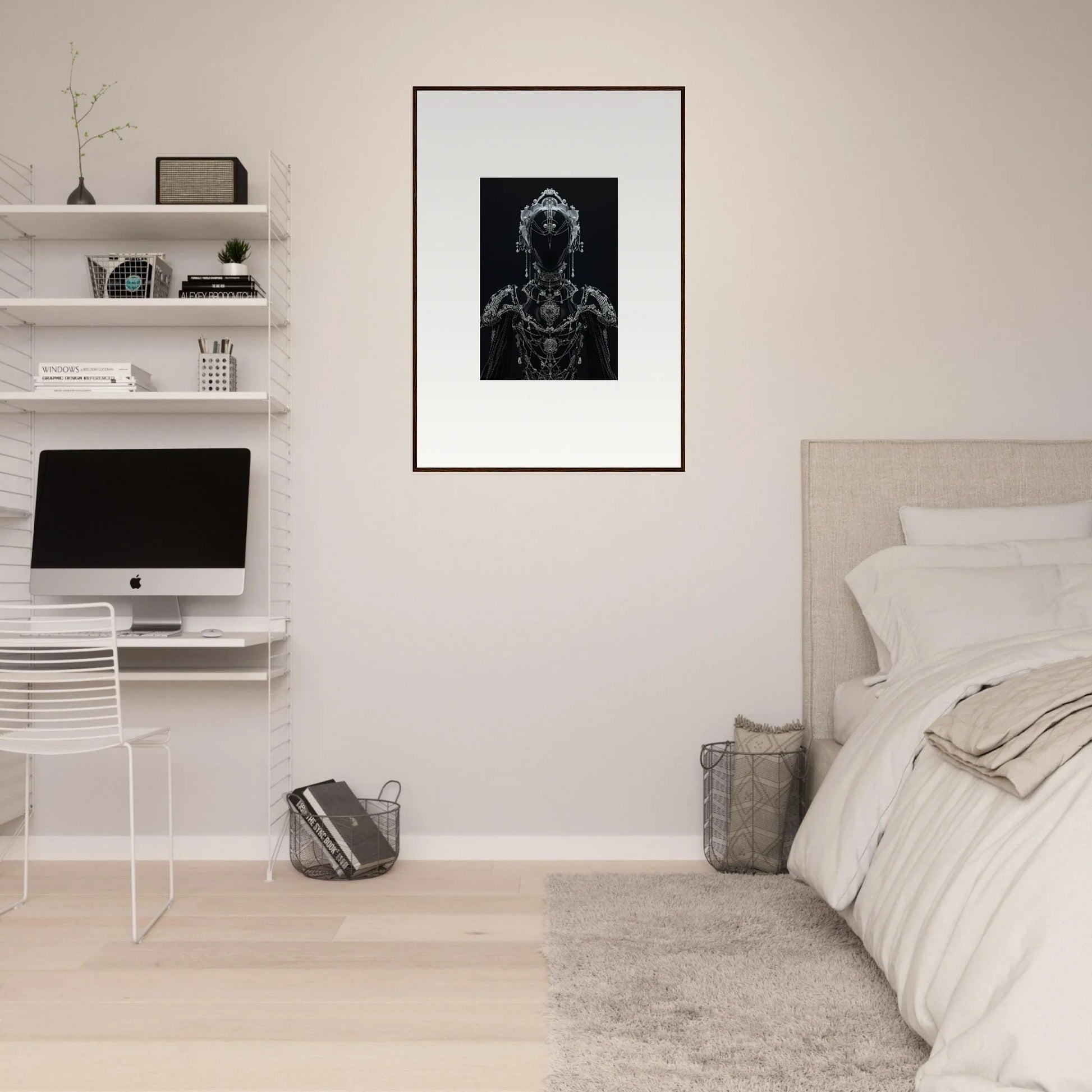 Framed black and white wall art of a figure in ornate attire for stylish room decor