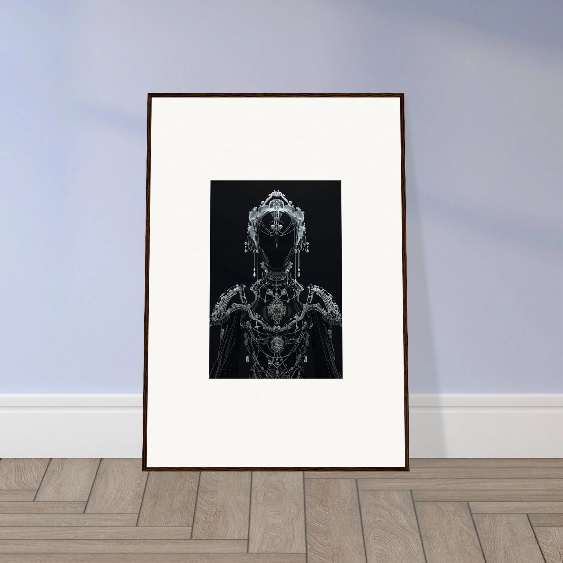 Framed black and white artwork of ornate figure for stylish room decor or skein emsembler