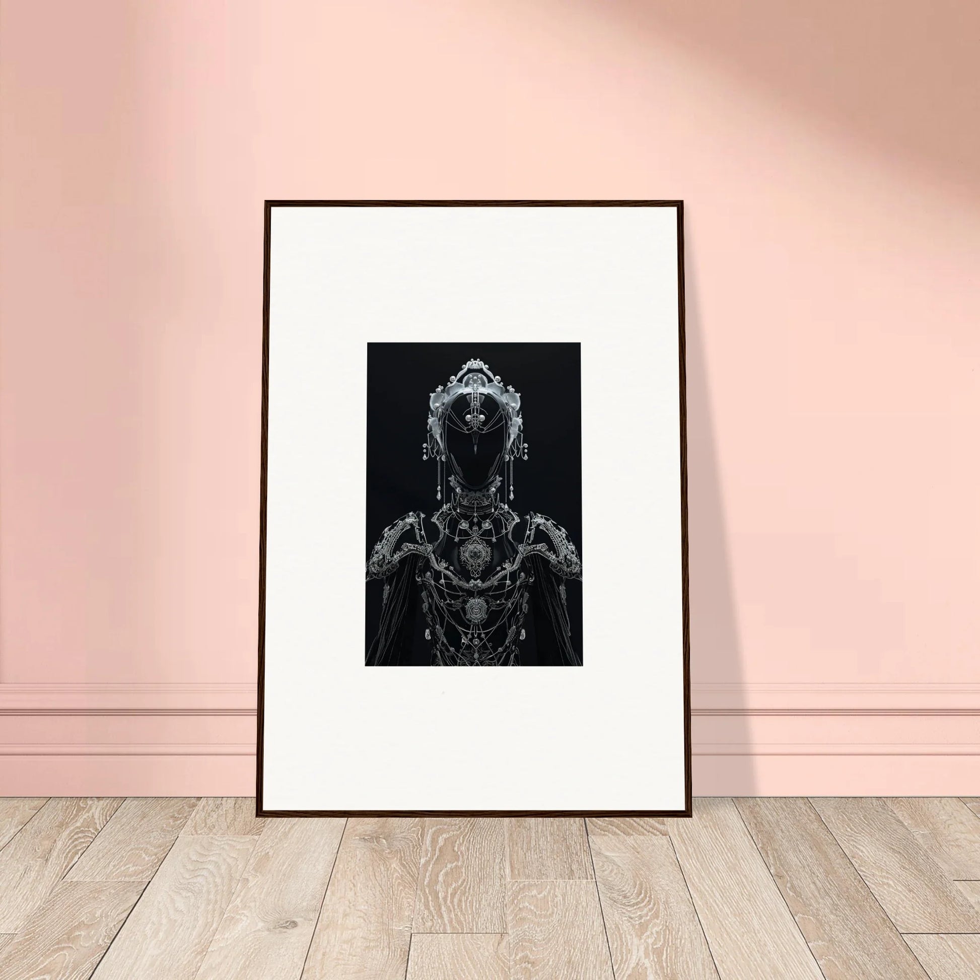 Framed black and white wall art of a skeletal figure for stylish room decor