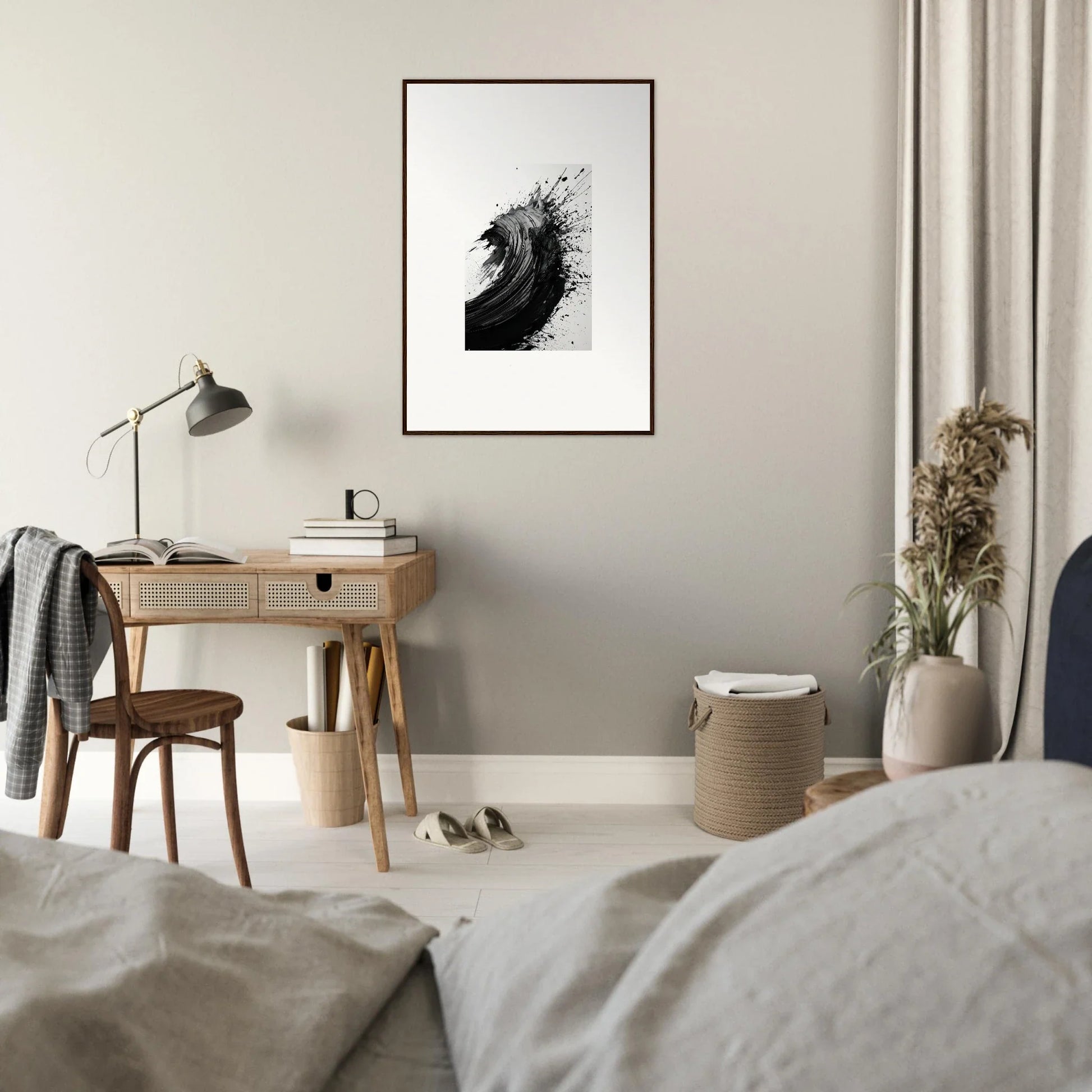 Framed black and white abstract wave artwork for stylish room decor