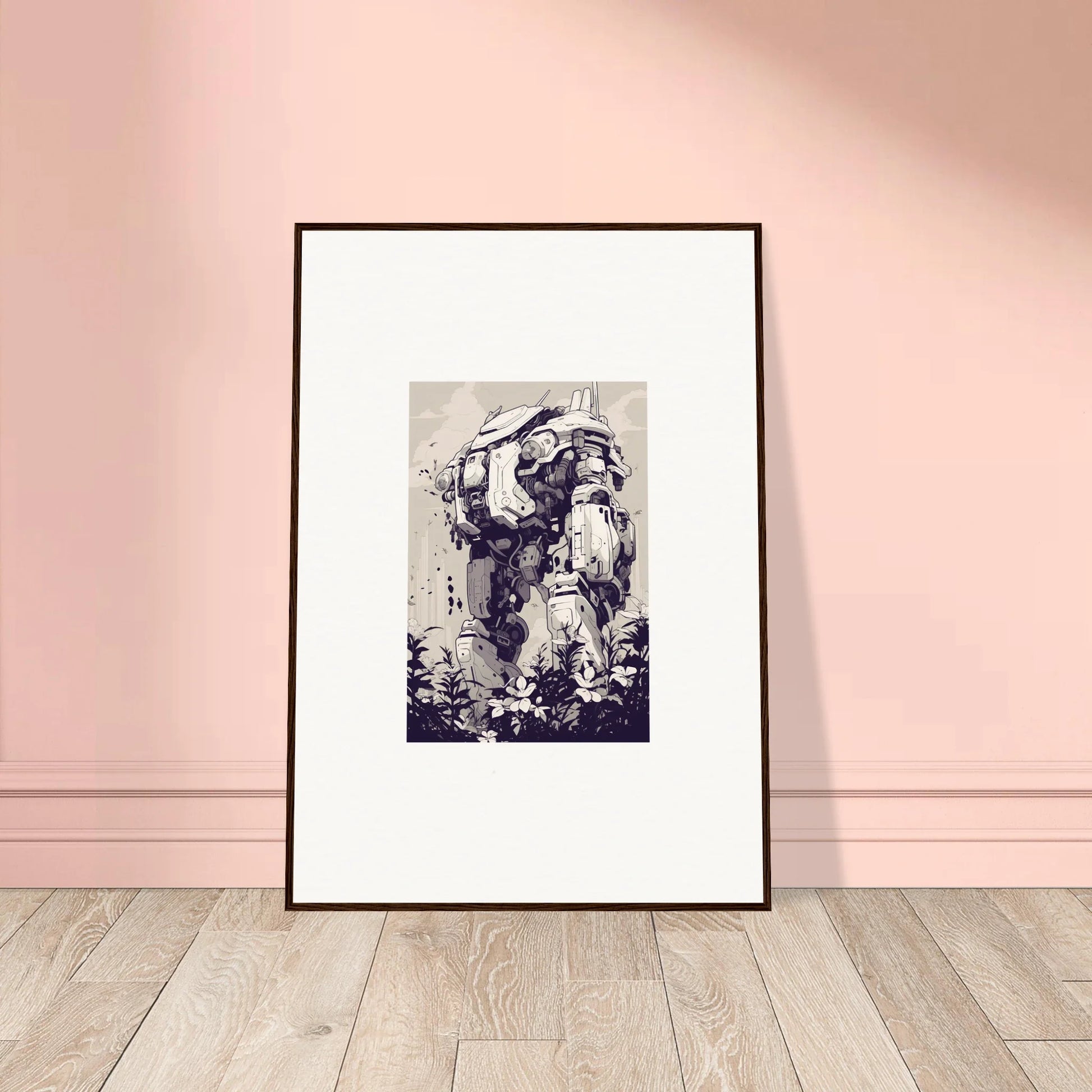 Framed black and white artwork of a mech suit figure for Steel Harbinger room decor