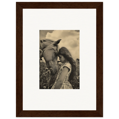 Framed black and white photograph of a girl and horse for elegant room decor, Whisper Forever