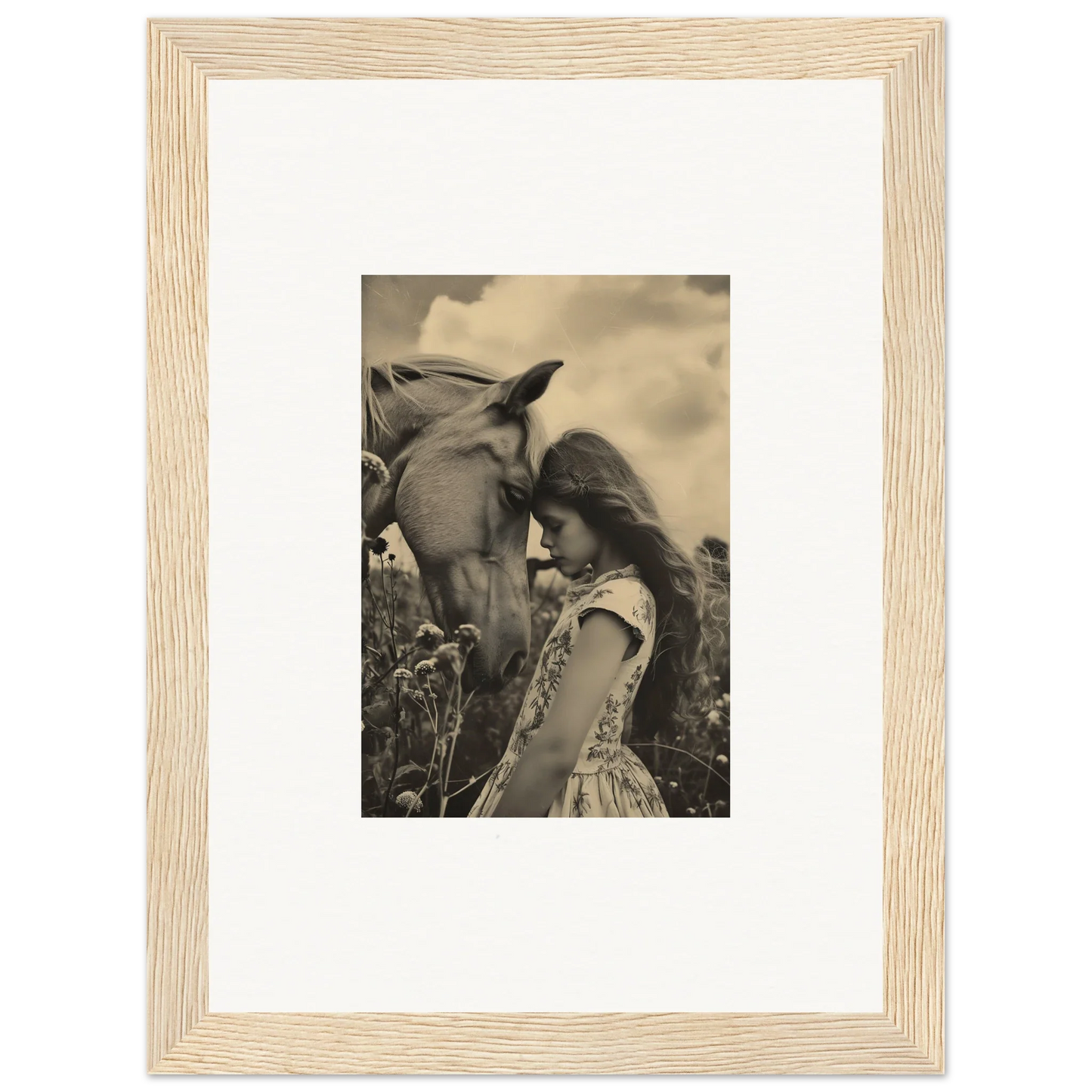 Framed black and white wall art of a person and horse, perfect for room decor