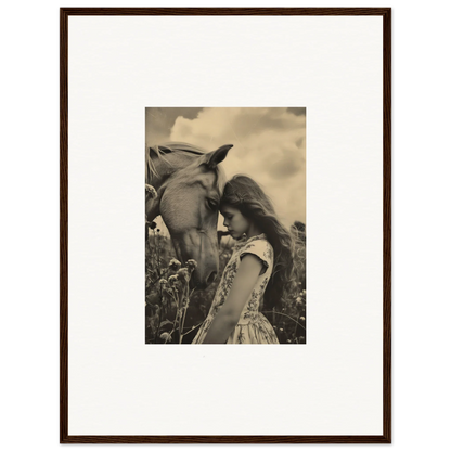 Framed black and white photograph of a girl with a horse for room decor, Whisper Forever