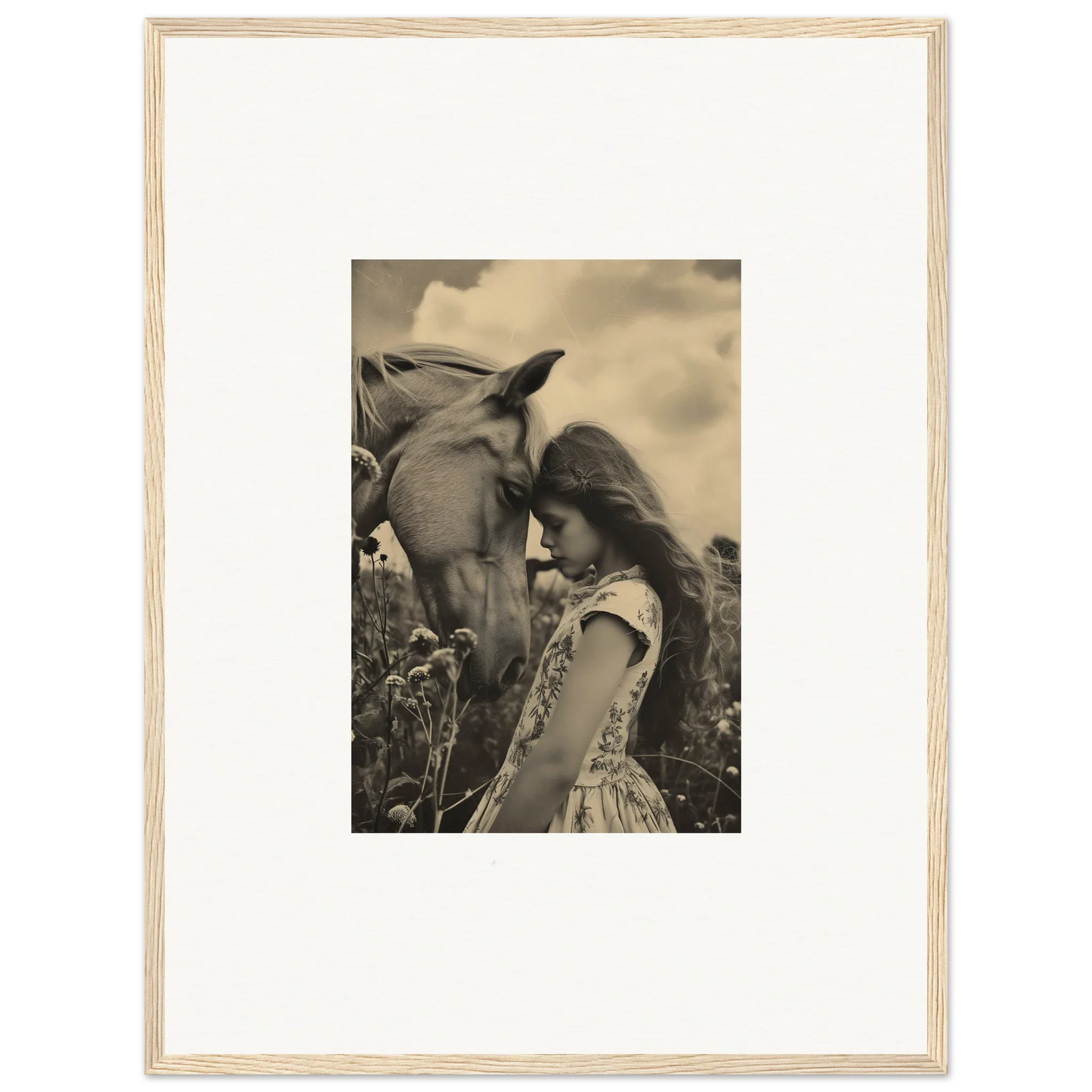 Framed black and white photograph of a girl with horse for dreamy room decor