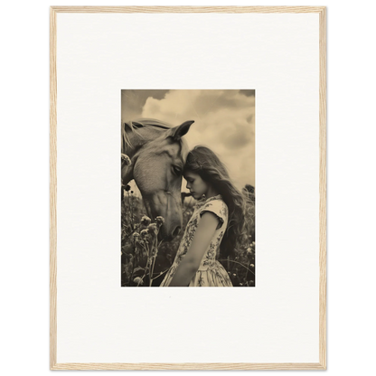 Framed black and white photograph of a girl with horse for dreamy room decor