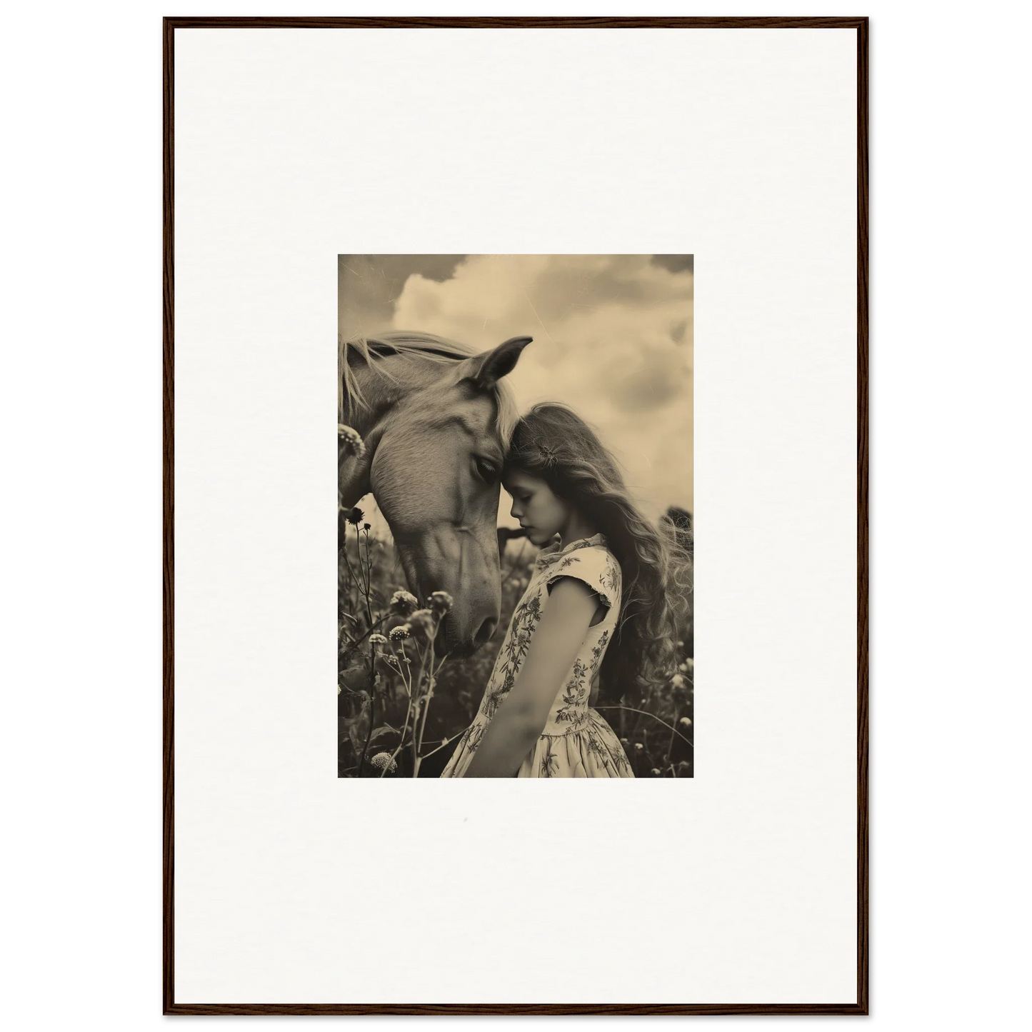 Framed black and white photograph of a young girl with a horse for room decor