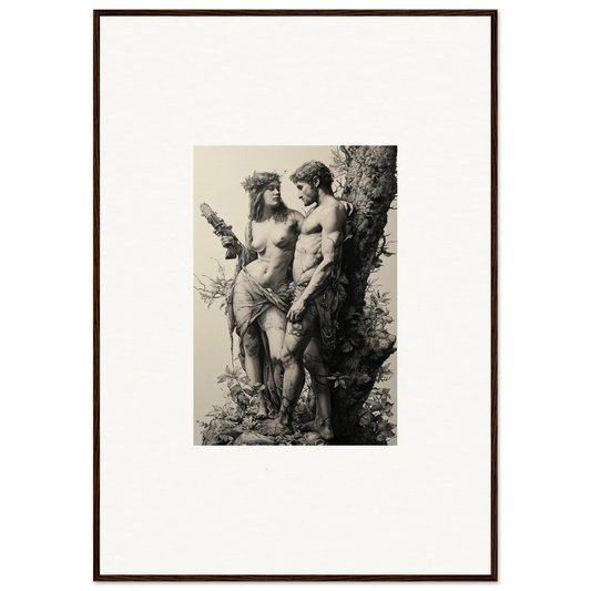 Framed black and white photograph of nude figures by a tree, perfect for ethereal entwining room decor