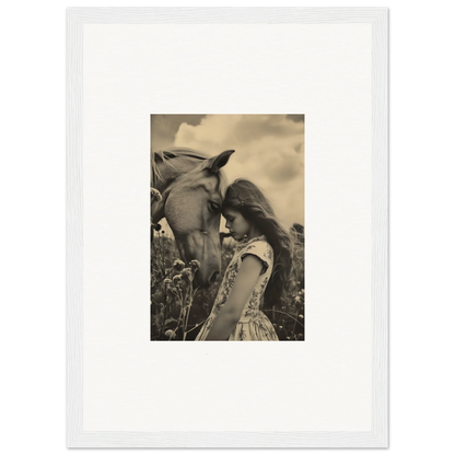 Framed black and white photograph of a person and horse for dreamy room decor