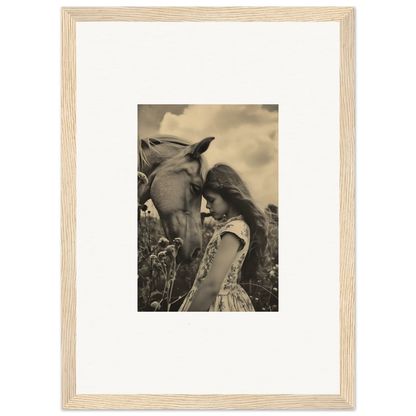 Framed black and white wall art of a person and horse in a field for room decor