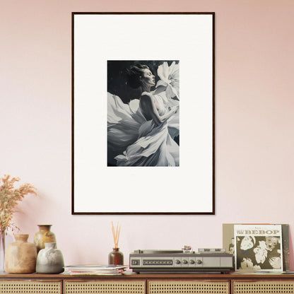 Framed black and white photograph of person among flower petals for dreams blossom room decor