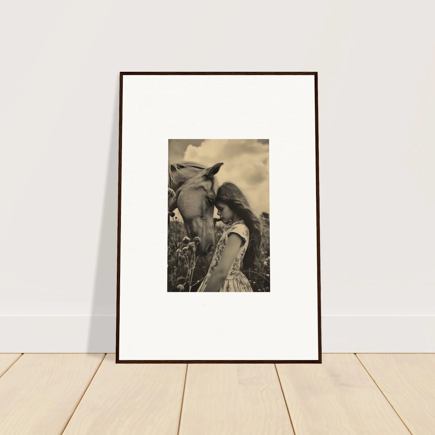 Framed black and white photograph of a horse and arm for whisper forever room decor