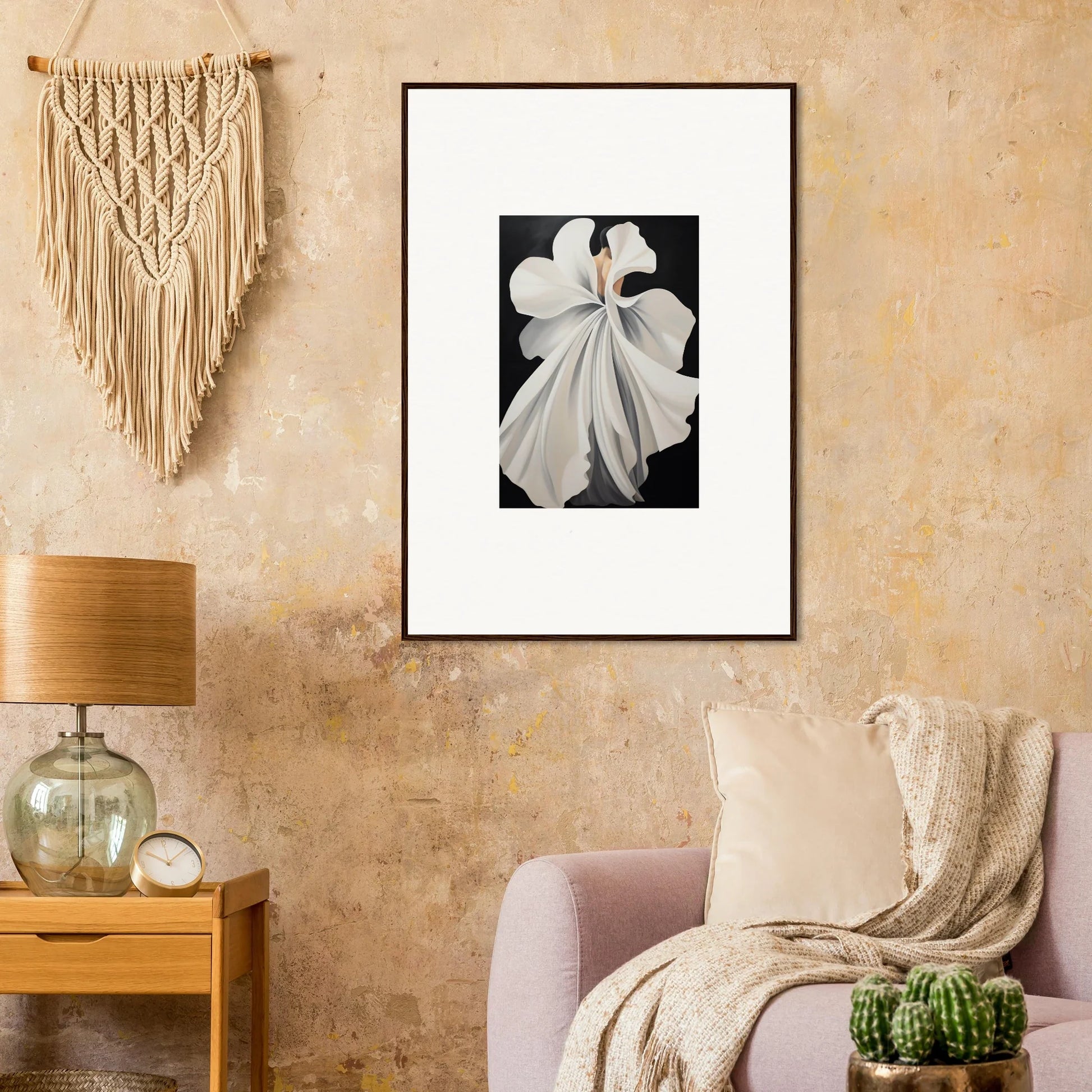 Framed black and white orchid photograph for elegant room decor in Canvas Waves style