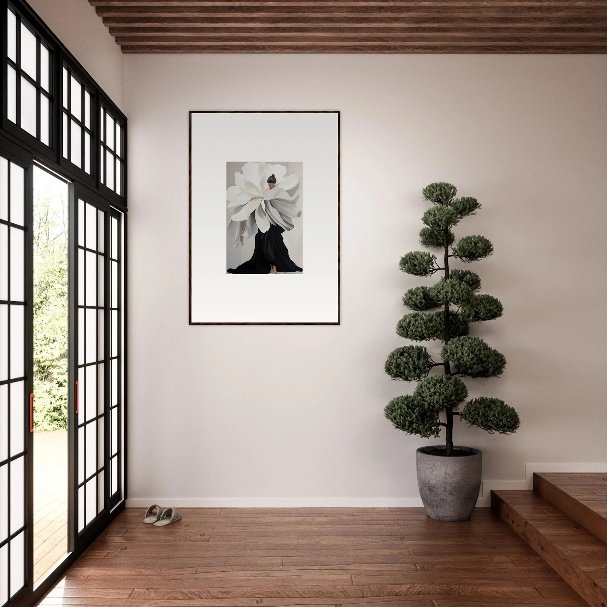 Framed black and white flower photograph, perfect for room decor in Petal Epoch Ascends