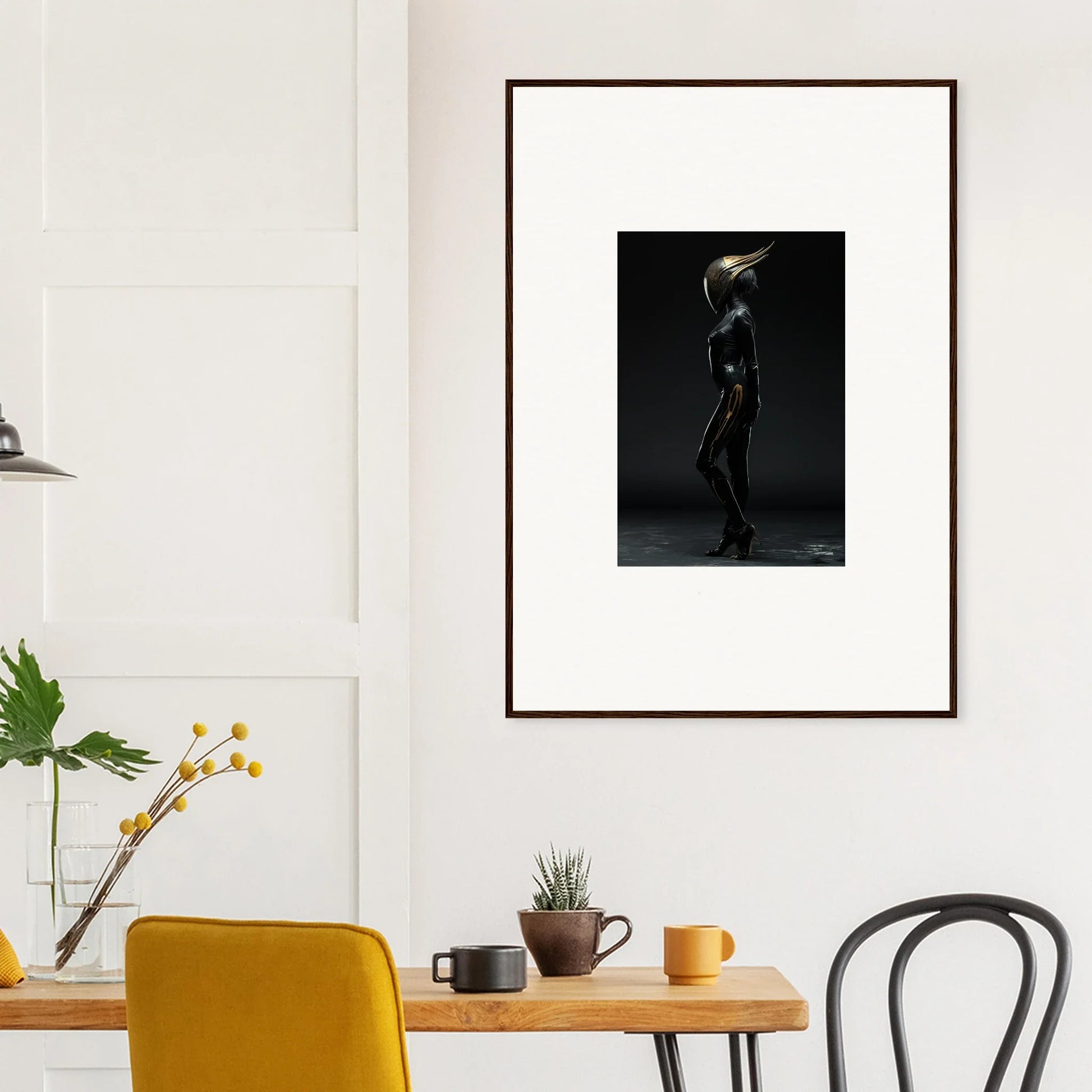 Framed black and white wall art of a silhouetted figure; perfect room decor