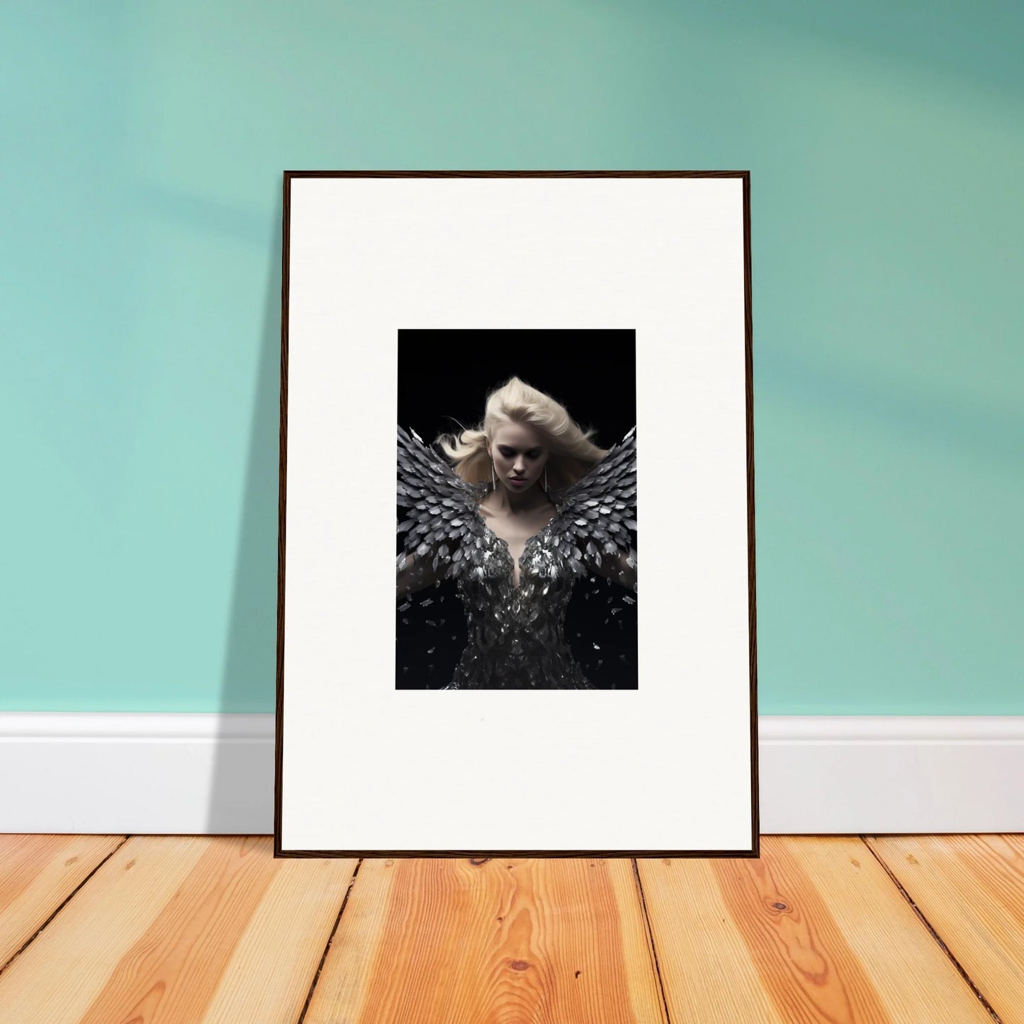 Framed black and white person with feathered wings for Phantom Reverie room decor