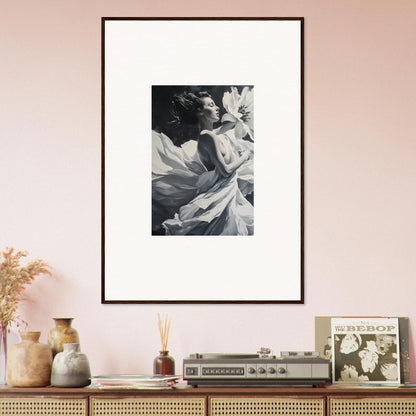 Framed black and white photograph of a person with flowing fabric for blush reverie room decor