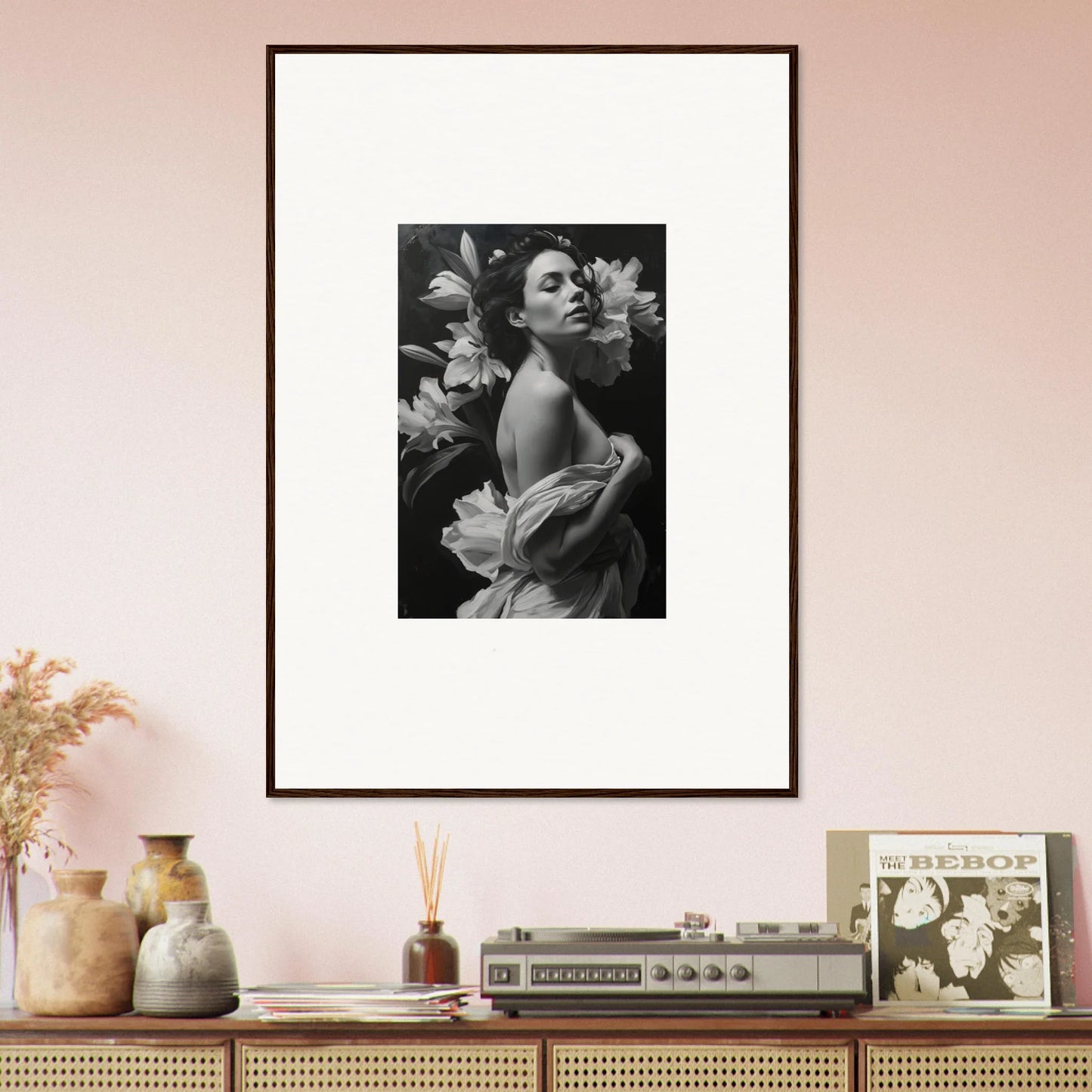 Framed black and white photograph of a woman with flowers for room decor in Vineyard Enigma