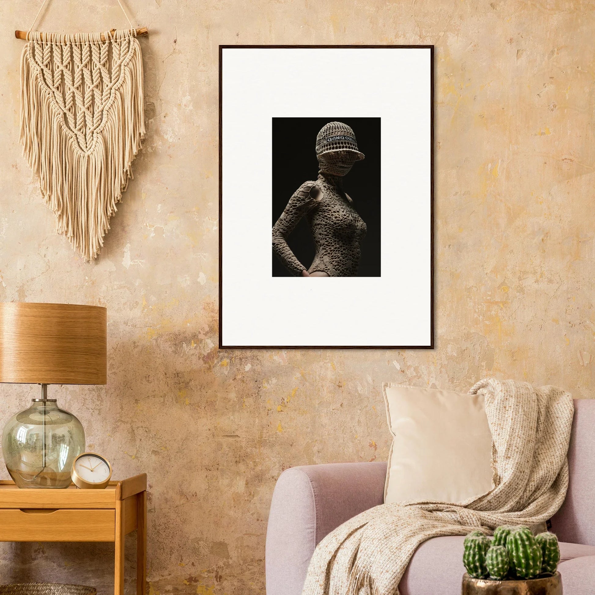 Framed black and white photograph of a figure with textured skin.