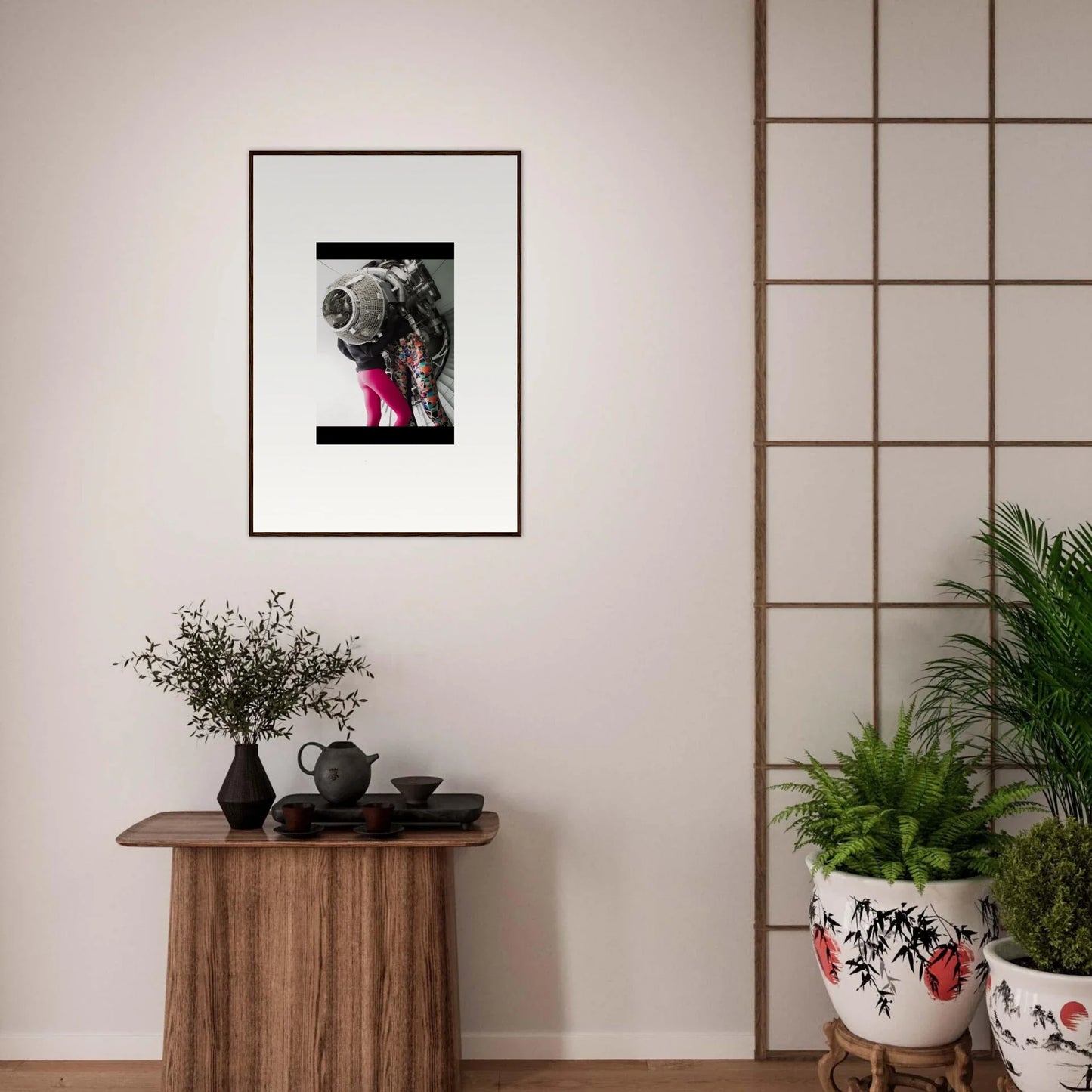 Framed black and white astronaut photo with pink accents for Magneto Embrace room decor