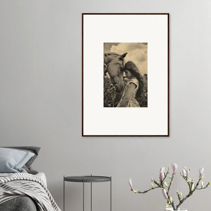 Framed black and white photograph of person and horse for elegant room decor whisper forever