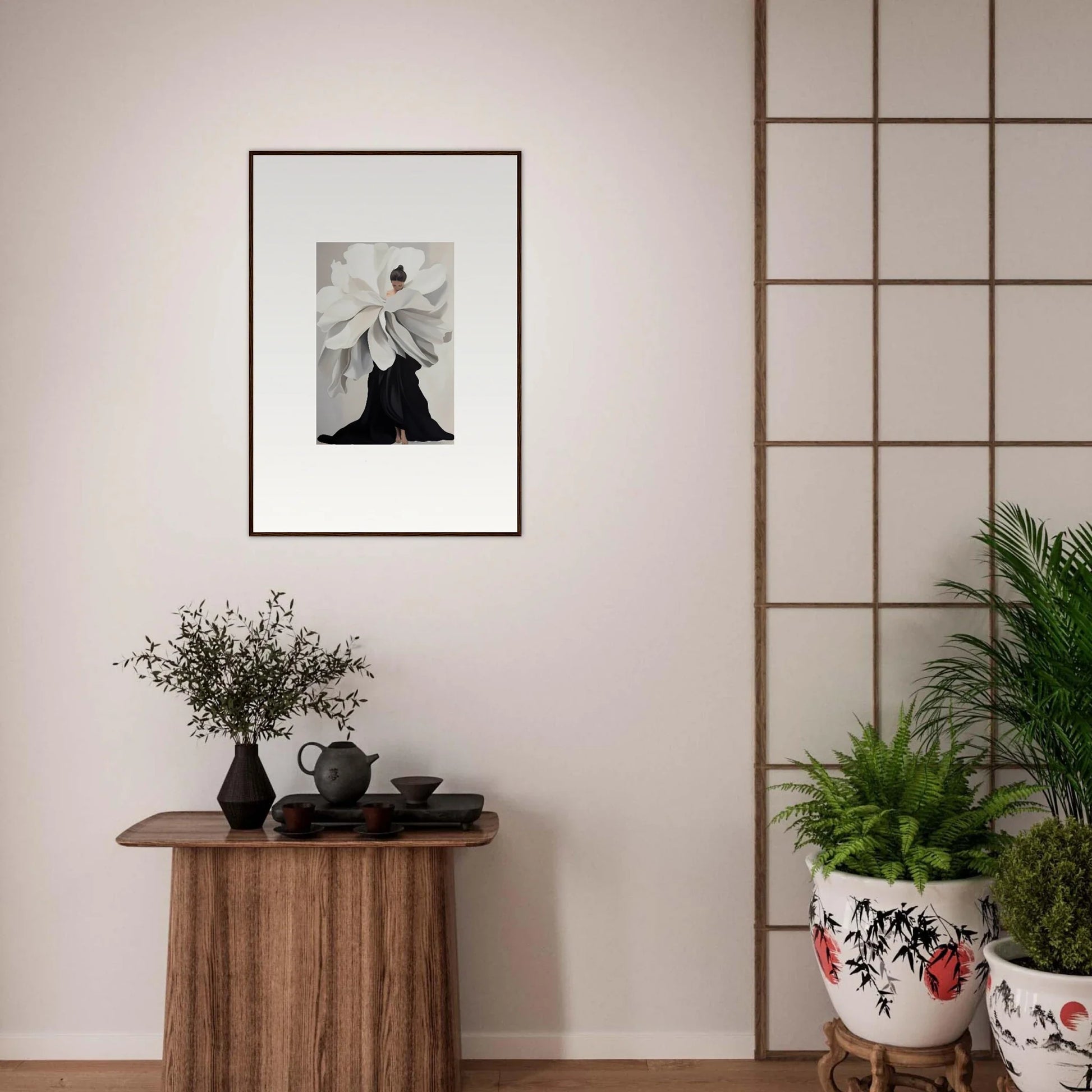 Framed black and white flower photograph for elegant room decor in Petal Epoch Ascends