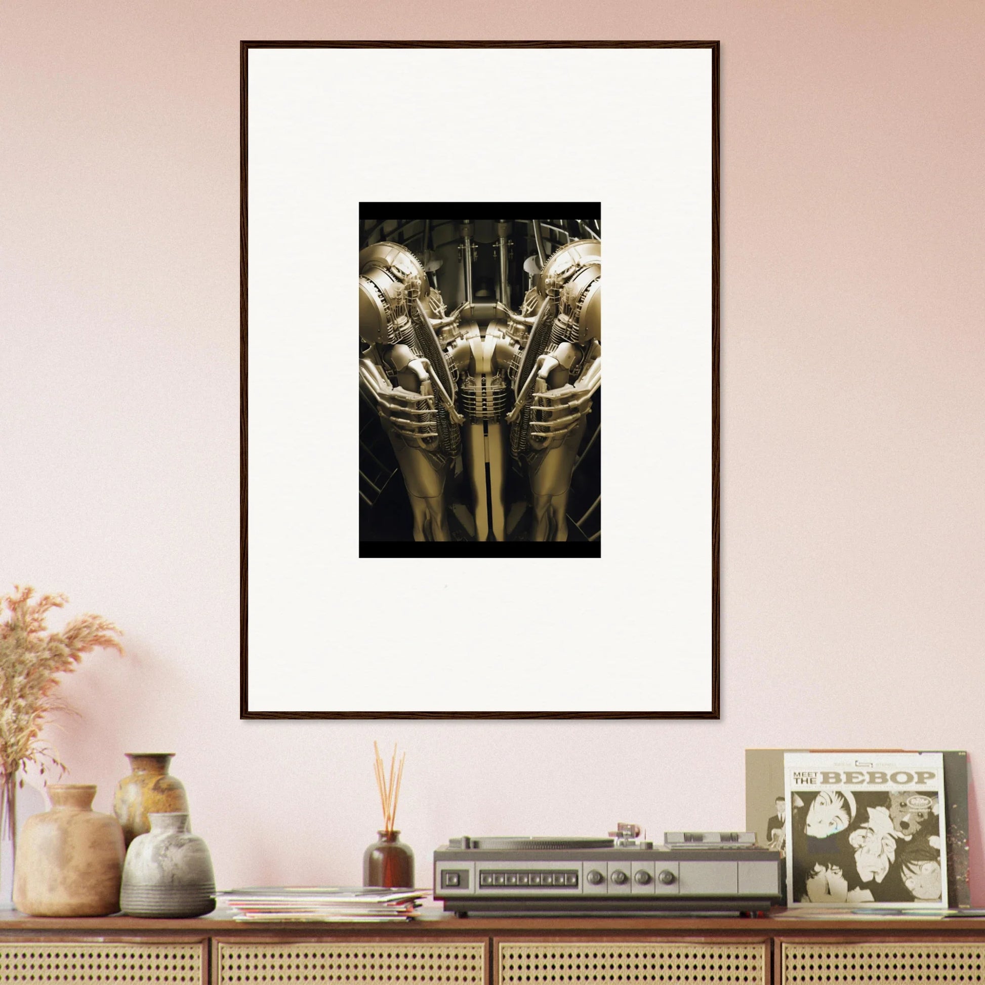 Framed black and white wall art of metallic humanoid figures for dreams ballet room decor