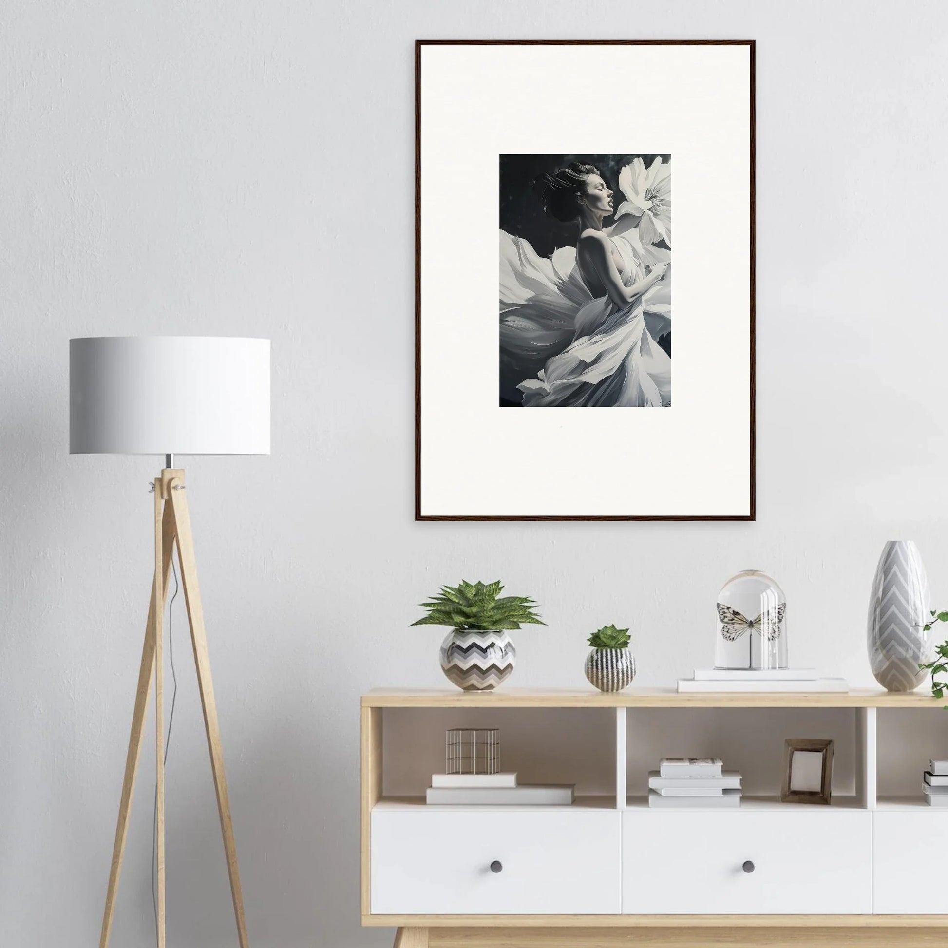 Framed black and white photograph of flower petals for elegant room decor dreams blossom