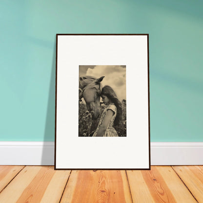 Framed black and white wall art of a person and horse for Dreams Whisper Forever room decor