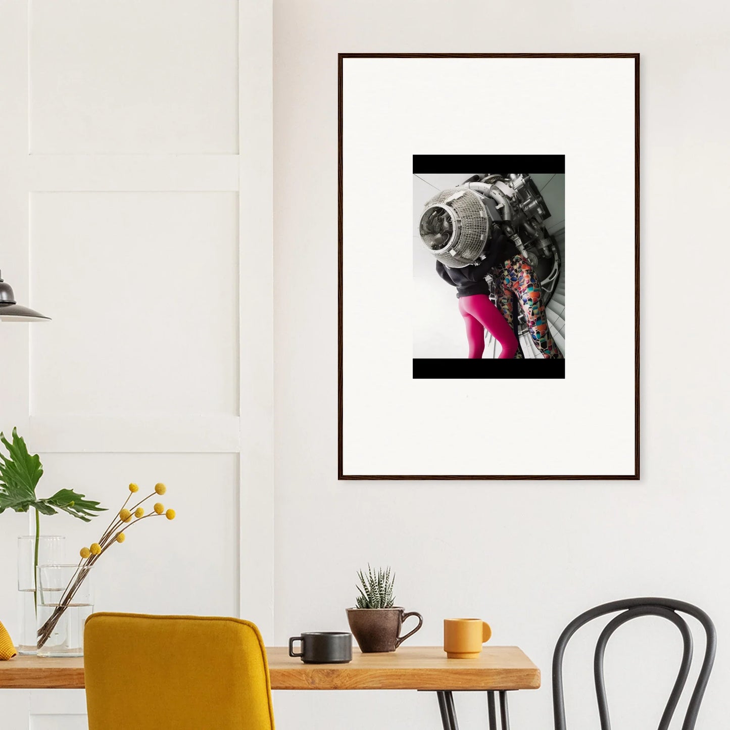 Framed black and white dog photo in pink underwear, unique Magneto Embrace room decor