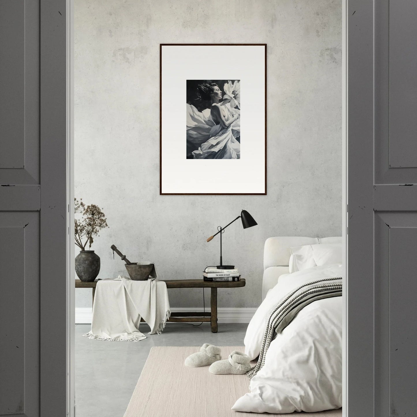 Framed black and white photograph on a light wall, enhancing blush reverie room decor