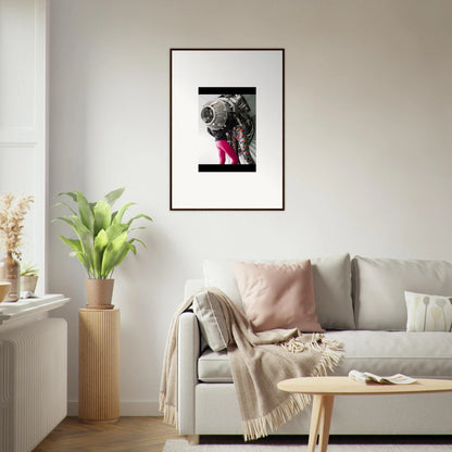 Framed black and white photograph of a dog in pink boots for unique room decor