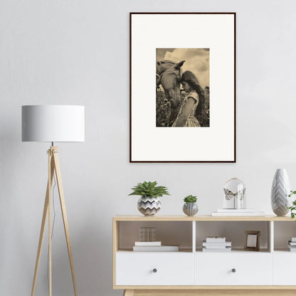 Framed black and white wall art of person interacting with horse for room decor whisper forever