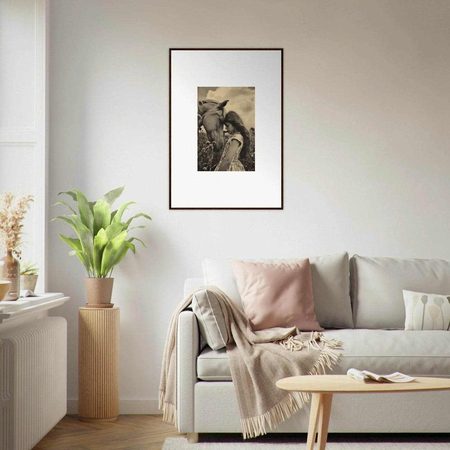 Framed black and white photograph of a person holding a bird for whisper forever room decor