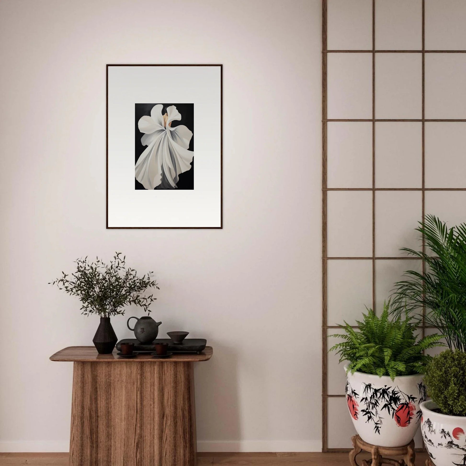 Framed black and white flower photograph for elegant room decor featuring canvas waves