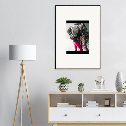 Framed wall art of a dog in pink pants, perfect for unique room decor with Magneto Embrace