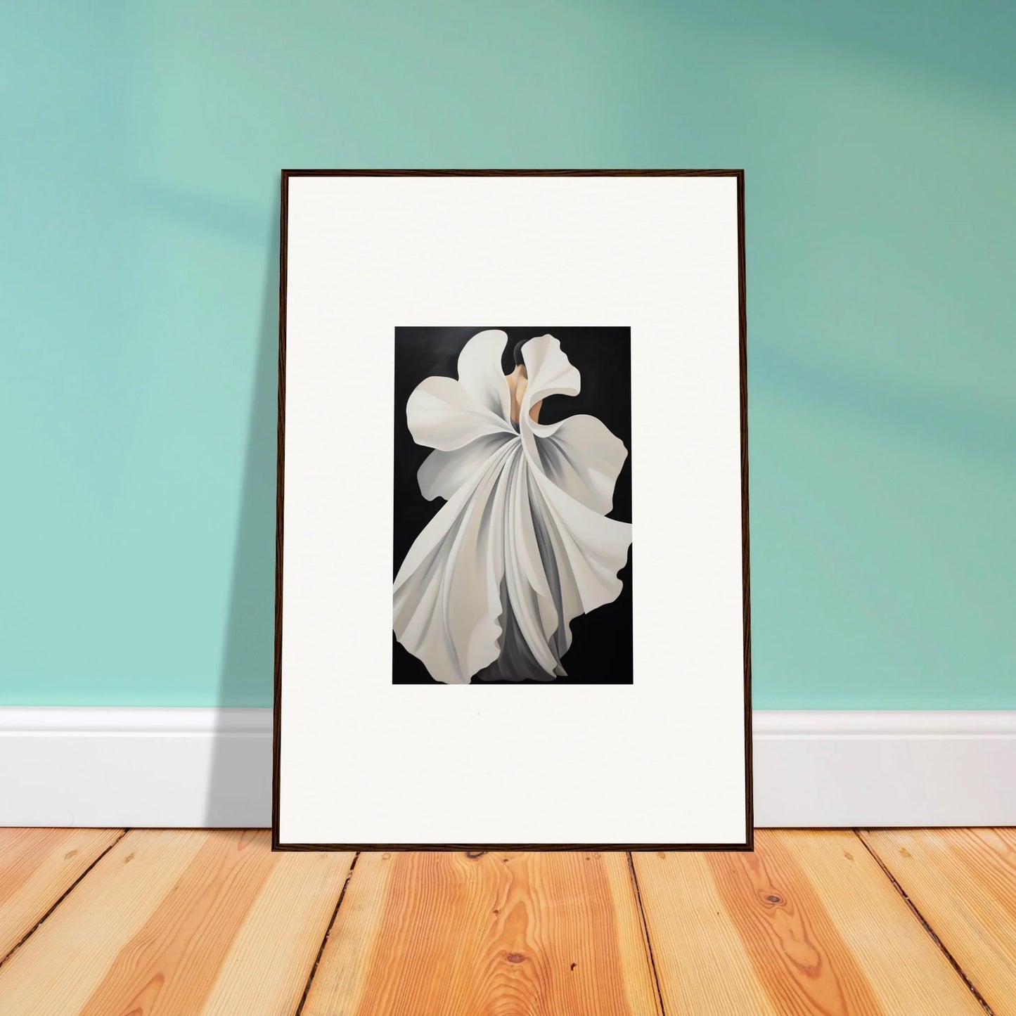 Framed black and white photograph of a flowing gown for elegant room decor and canvas waves