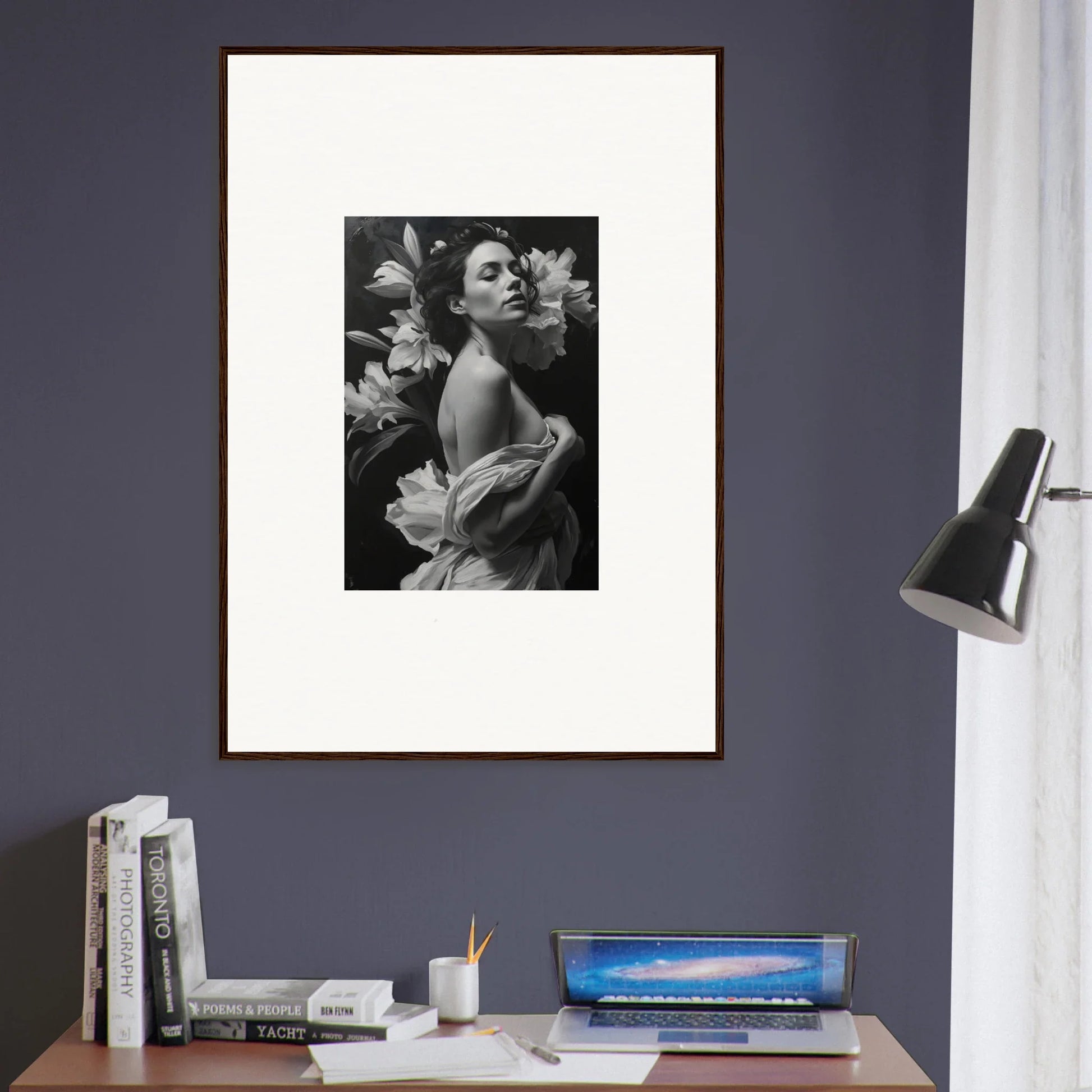 Framed black and white photograph of a woman in flowers for stylish room decor