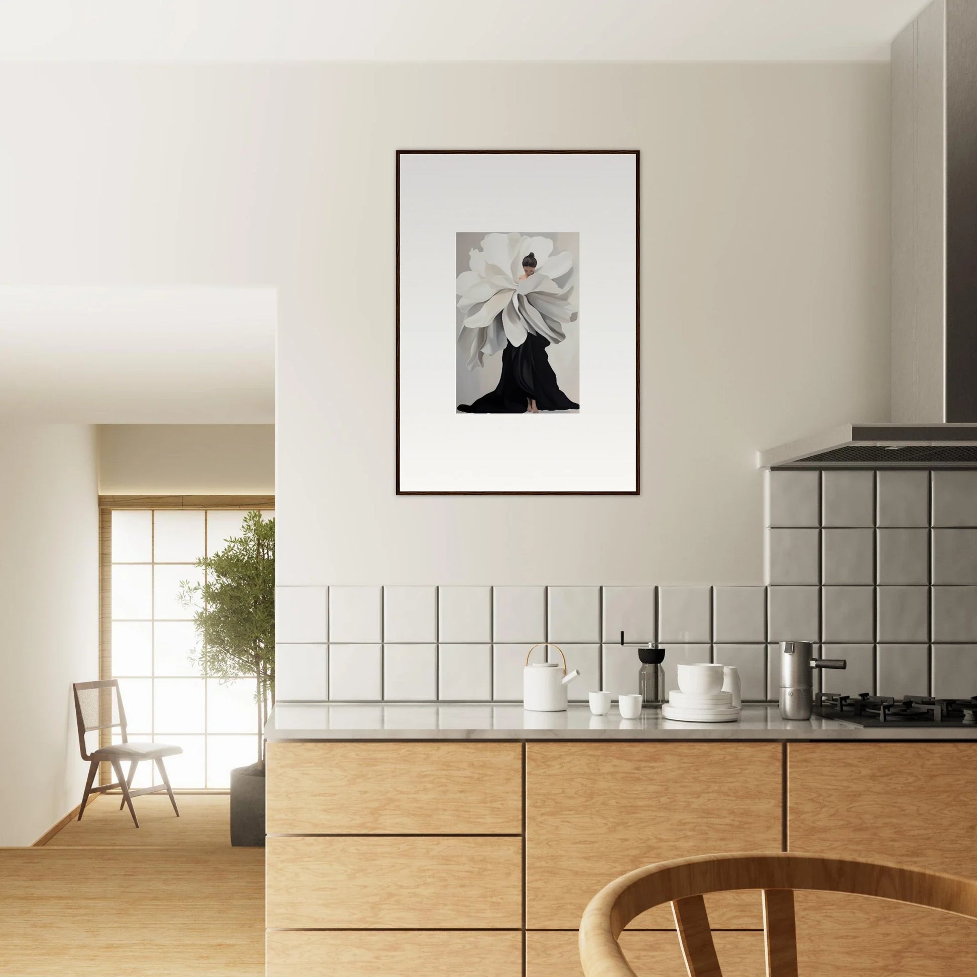 Framed black and white photograph of a flowing dress for stylish room decor, Petal Epoch Ascends