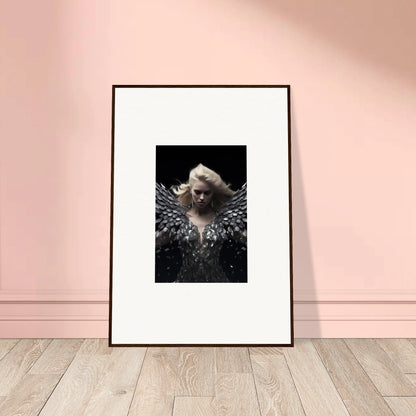 Framed black and white art of a figure with feathered wings for Room Decor and Phantom Reverie