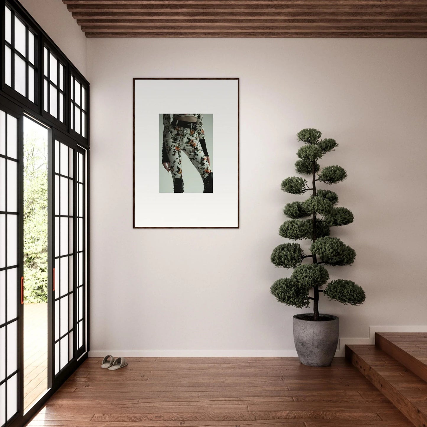 Framed black and white fishnet stockings photo for stylish garden couture room decor