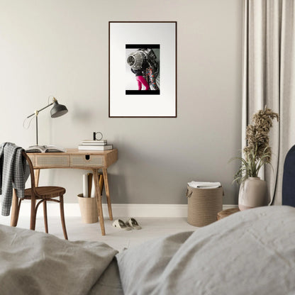 Framed black and white dog photo in pink boots for stylish room decor and Magneto Embrace